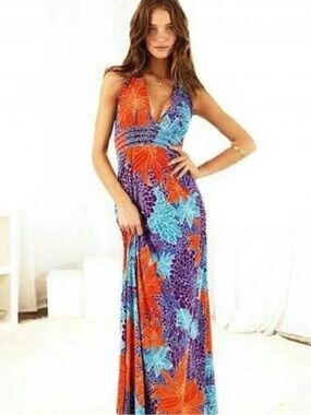 Y2K Moda Intl Plunge Halter Maxi Dress Psychedelic Floral Smocked Boho Flowy M